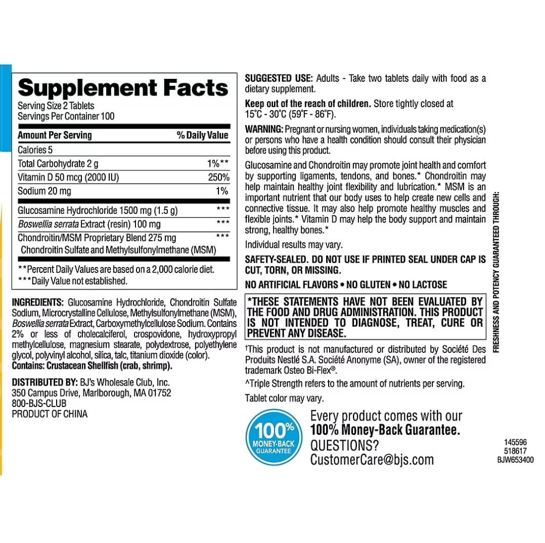 Berkley Jensen Glucosamine Chondroitin MSM – Triple Strength Joint Support, Vitamin D3, 200 Count – NSF Certified