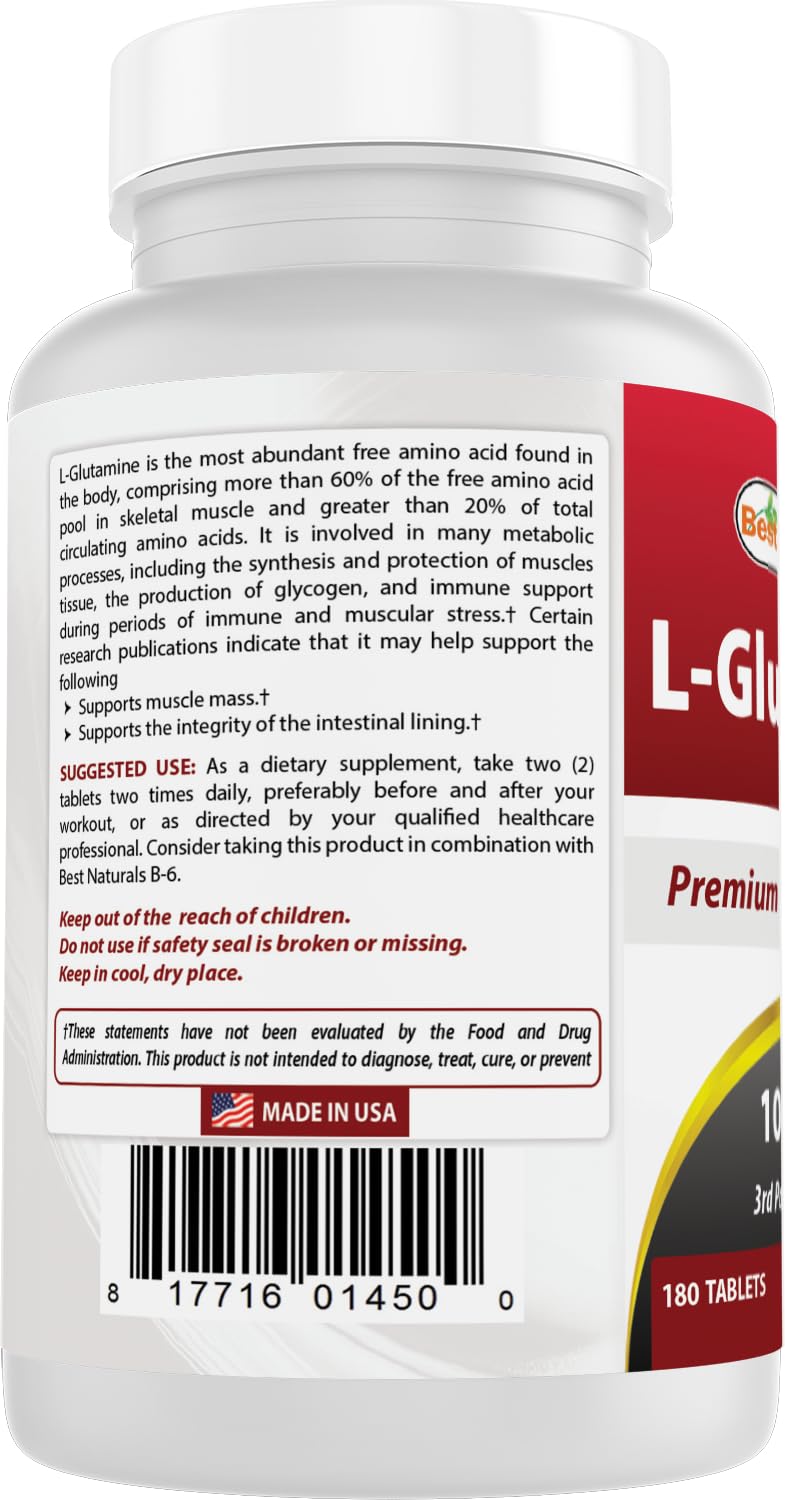 Best Naturals L-Glutamine 1000mg – 180 Count (Non-GMO) Tablets