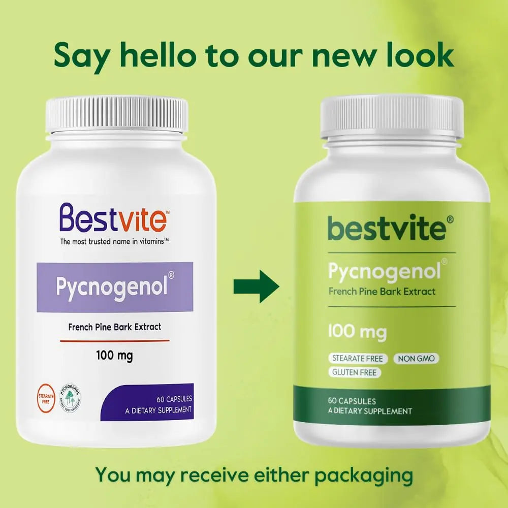 BESTVITE Pycnogenol 100mg (60 Capsules) – French Maritime Pine Bark Extract – Gluten Free, Non-GMO, No Stearates BritishVita | Premium UK Vitamins & Wellness Supplements