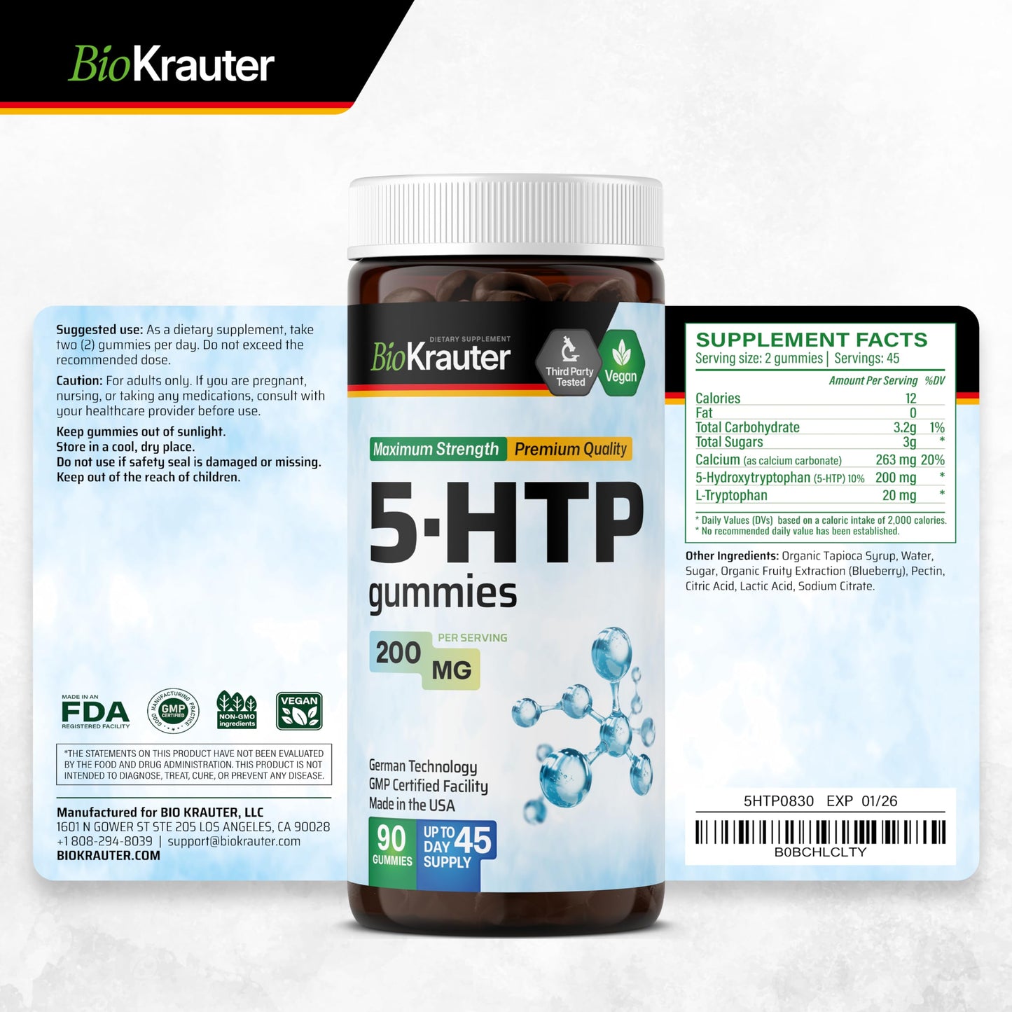 BIO KRAUTER 5-HTP Gummies 200 mg - 90 Vegan Chews | Relaxation Support