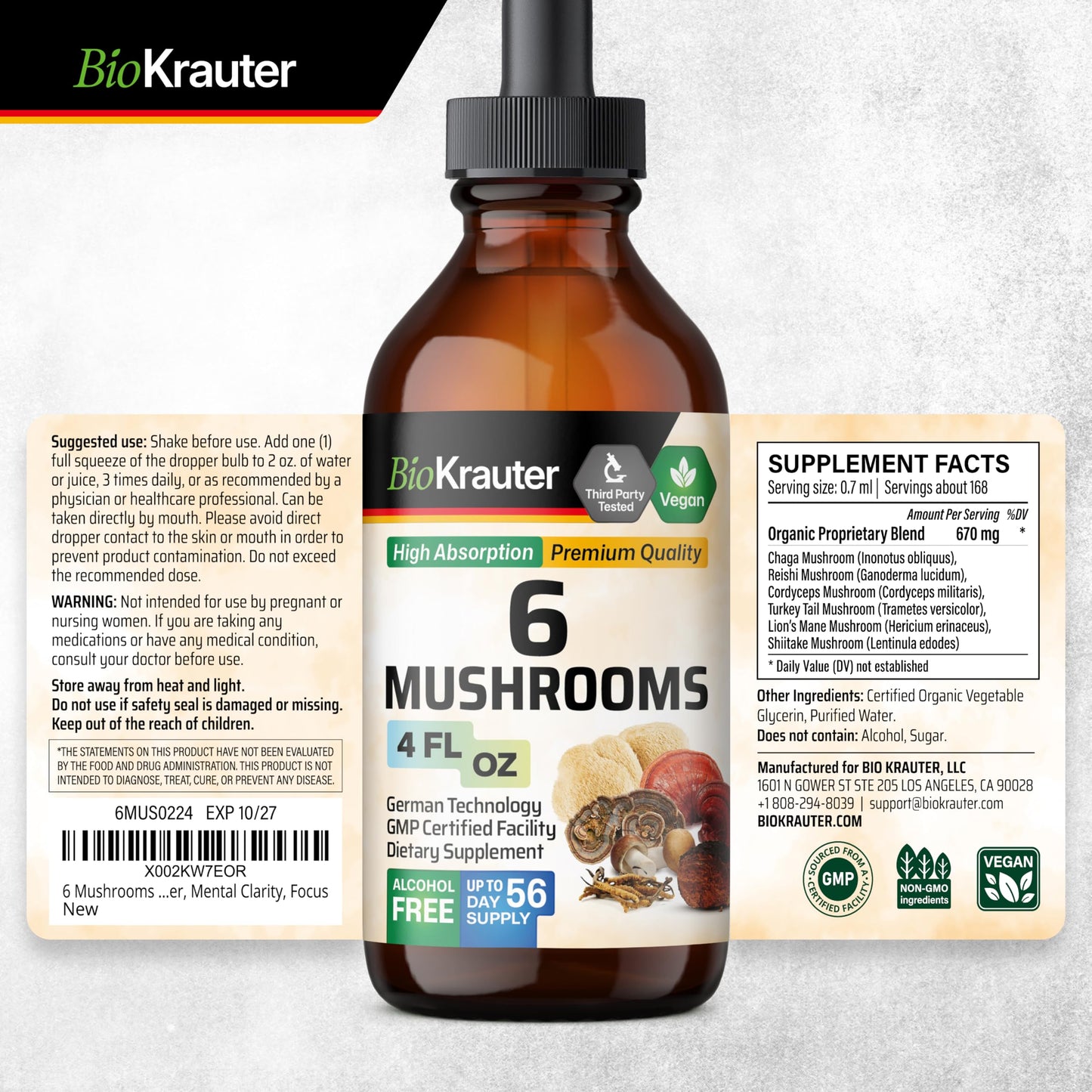 BIO KRAUTER 6 Mushrooms 6-in-1 Immunity Tincture - Lions Mane, Shiitake, Turkey Tail, Cordyceps, Reishi & Chaga | Vegan Drops 4 Fl Oz