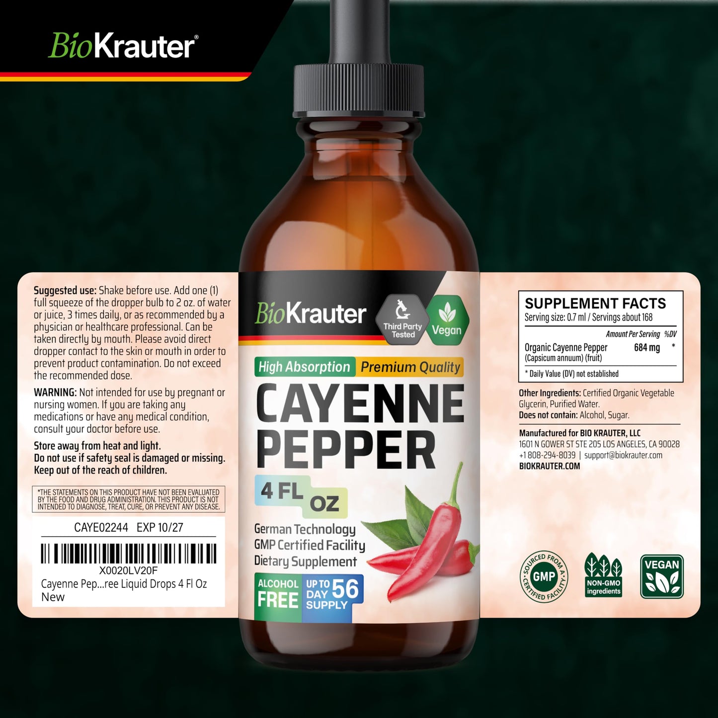 BIO KRAUTER Cayenne Pepper Drops 684 mg | Pure Vegan Capsaicin for Digestive Support | 56 Days of Supply
