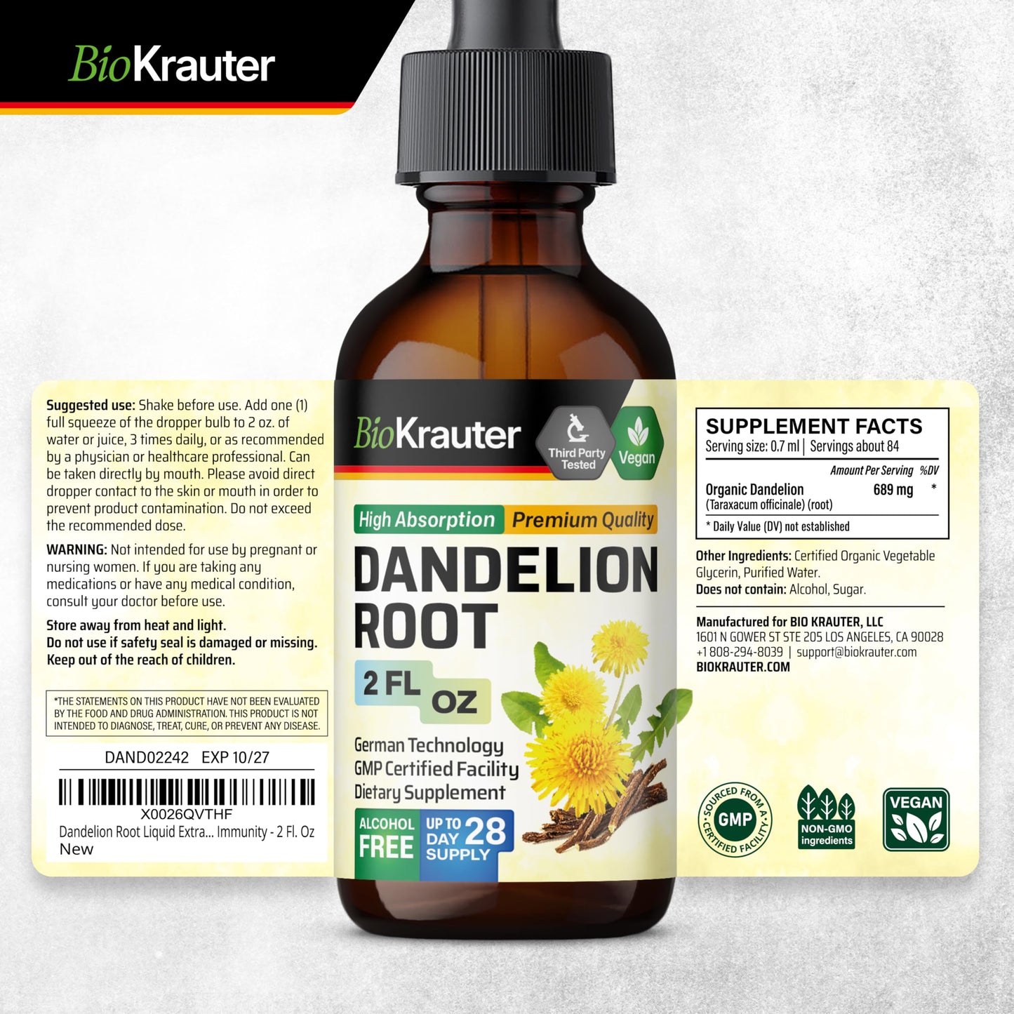 BioKrauter Dandelion Root Extract – Liquid 689 mg per Serving, 2 oz (28-Day) | Liver & Kidney Support, Vegan, Alcohol-Free