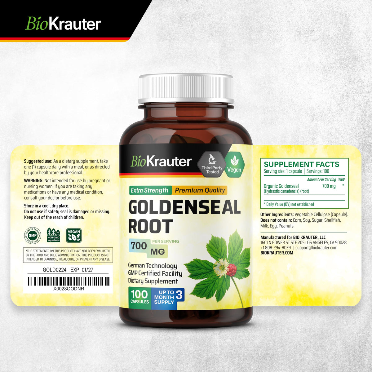 BIO KRAUTER Goldenseal Root Capsule 700 mg – 100 Vegan Golden Seal Capsules – Respiratory & Digestive Support BritishVita | Premium UK Vitamins & Wellness Supplements