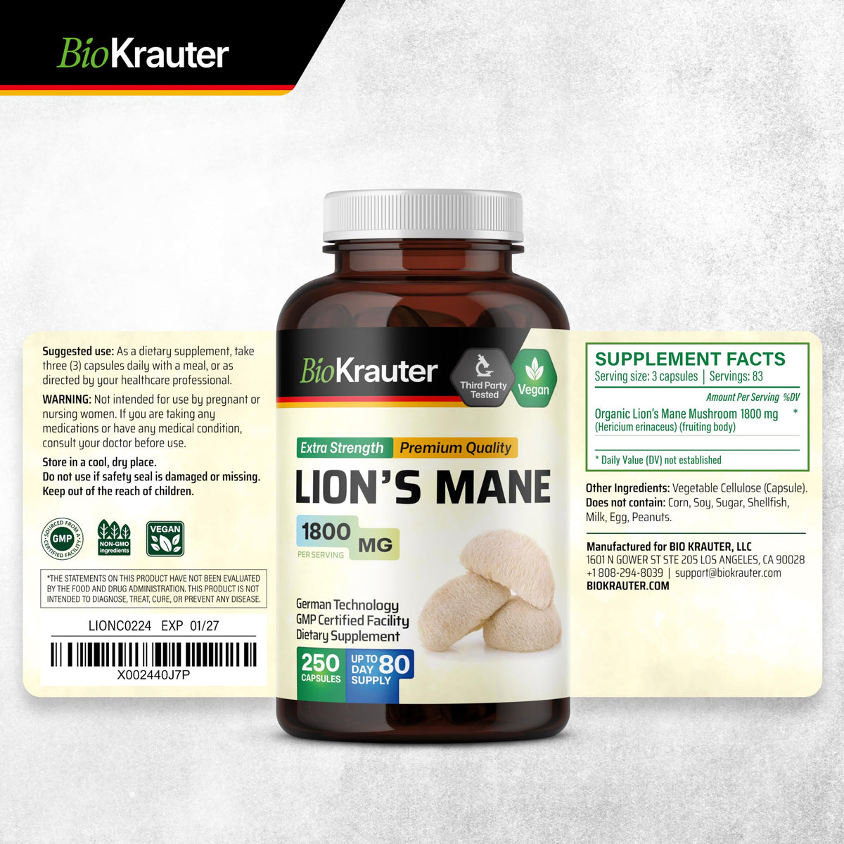 BIO KRAUTER Lions Mane 1800 mg Capsules – 250 Count – Vegan Brain Support BritishVita | Premium UK Vitamins & Wellness Supplements