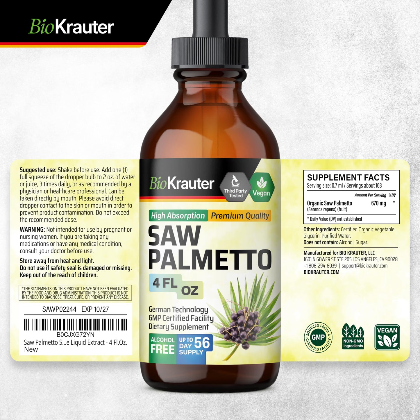 BIO KRAUTER Saw Palmetto Extract – Vegan Saw Palmetto for Men & Women, Urinary Support, Alcohol & Sugar Free, 4 Fl.Oz