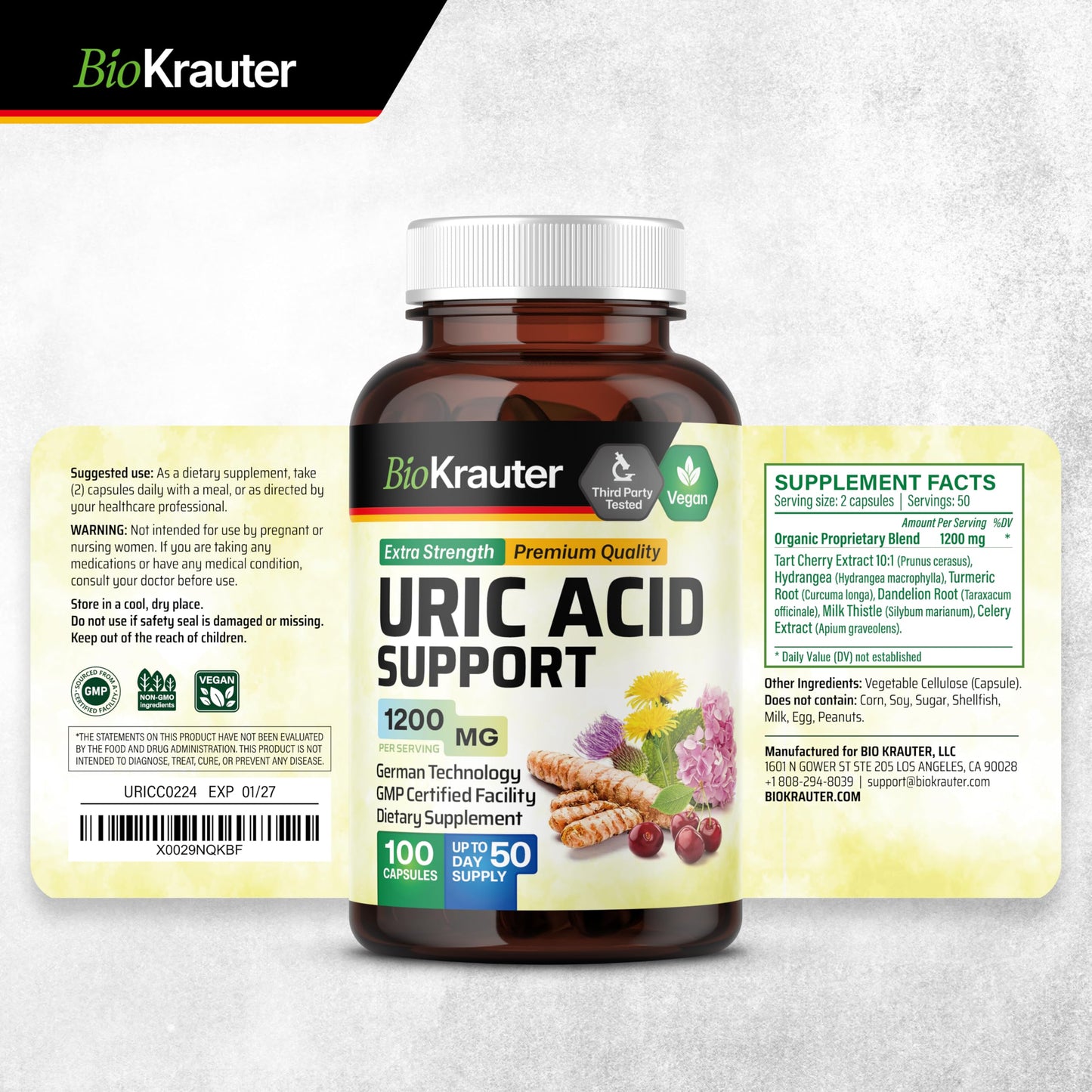 BIO KRAUTER Uric Acid Support Capsules 1200 mg - 2-Pack, 100 Count, Vegan Kidney Support