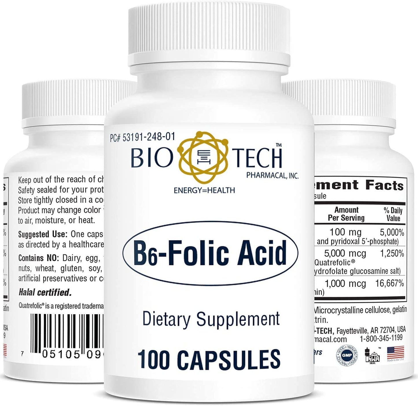 Bio-Tech Pharmacal B6-Folic Acid 100 Capsules | All-Natural Supplement | Supports Cardiovascular, Bone & Nervous System Health | No Dairy, Fish, Gluten, Peanut, Shellfish, Halal, & Soy
