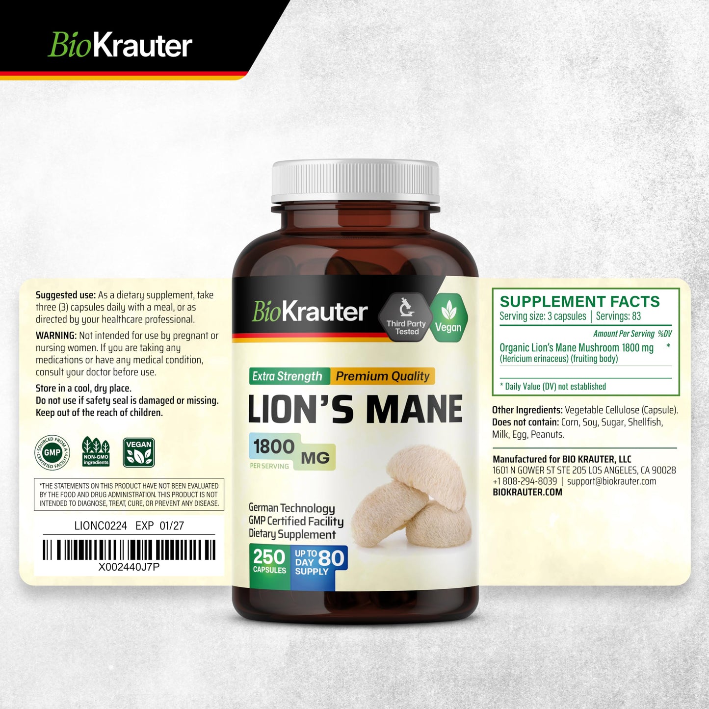 BIO KRAUTER Lions Mane 1800 mg Capsules – 250 Count – Vegan Brain Support