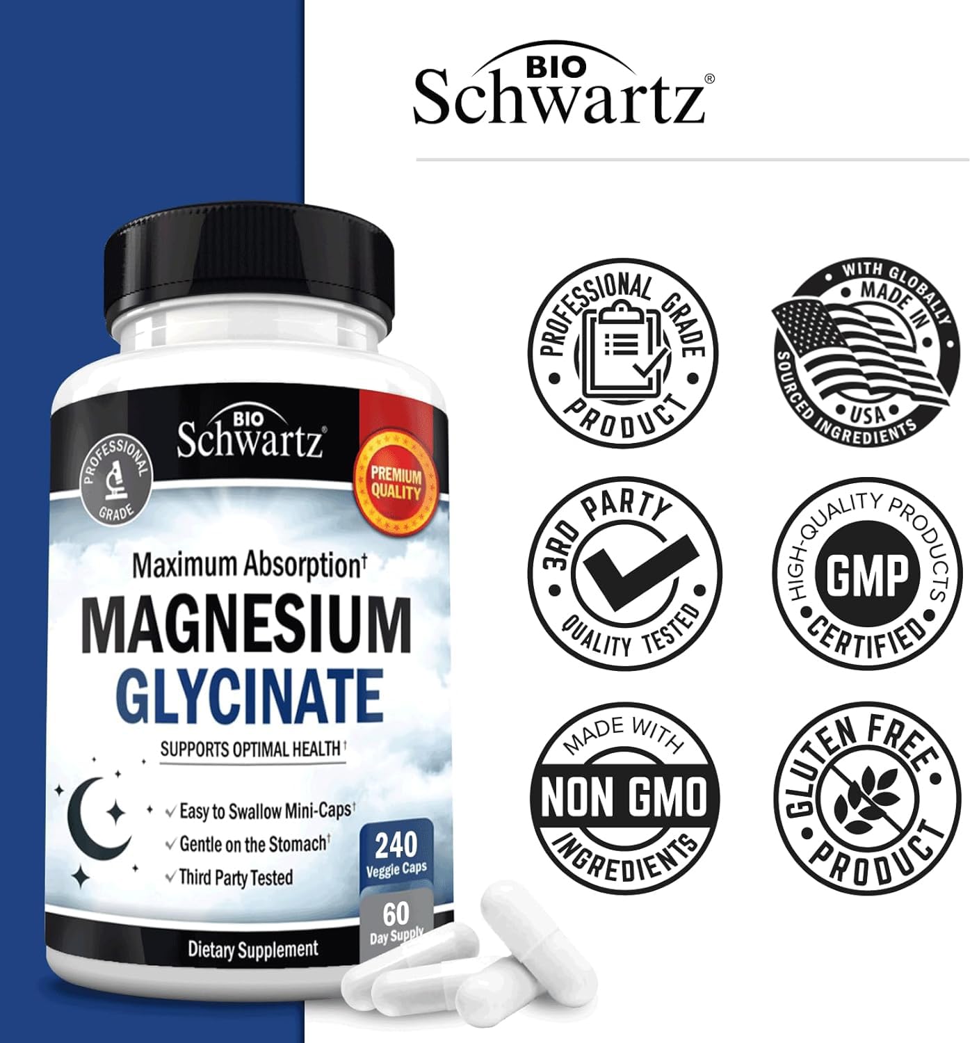 BioSchwartz Magnesium Glycinate 500mg - 240 Mini Capsules (Vegan, Gluten-Free, Non-GMO)