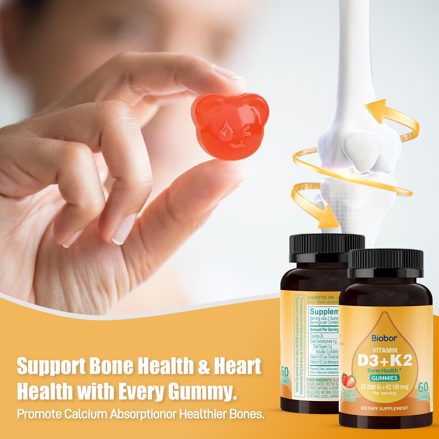 Biobor Vitamin D3 K2 Gummies – 2000 IU D3 & 100 mcg K2, 60 Count