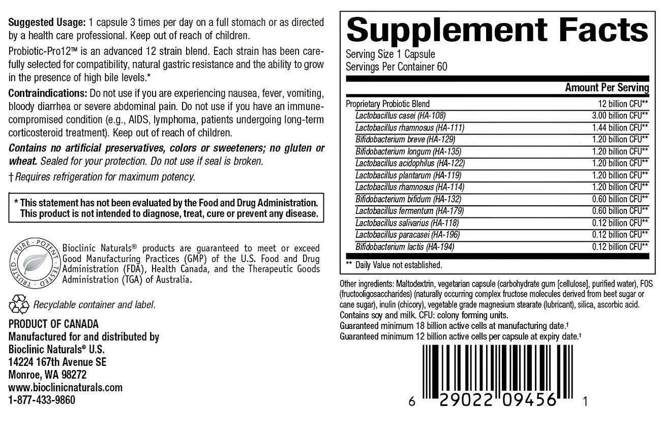Bioclinic Naturals Probiotic-Pro 12 - 60 vcaps | 12 Billion CFU, 12 Strains