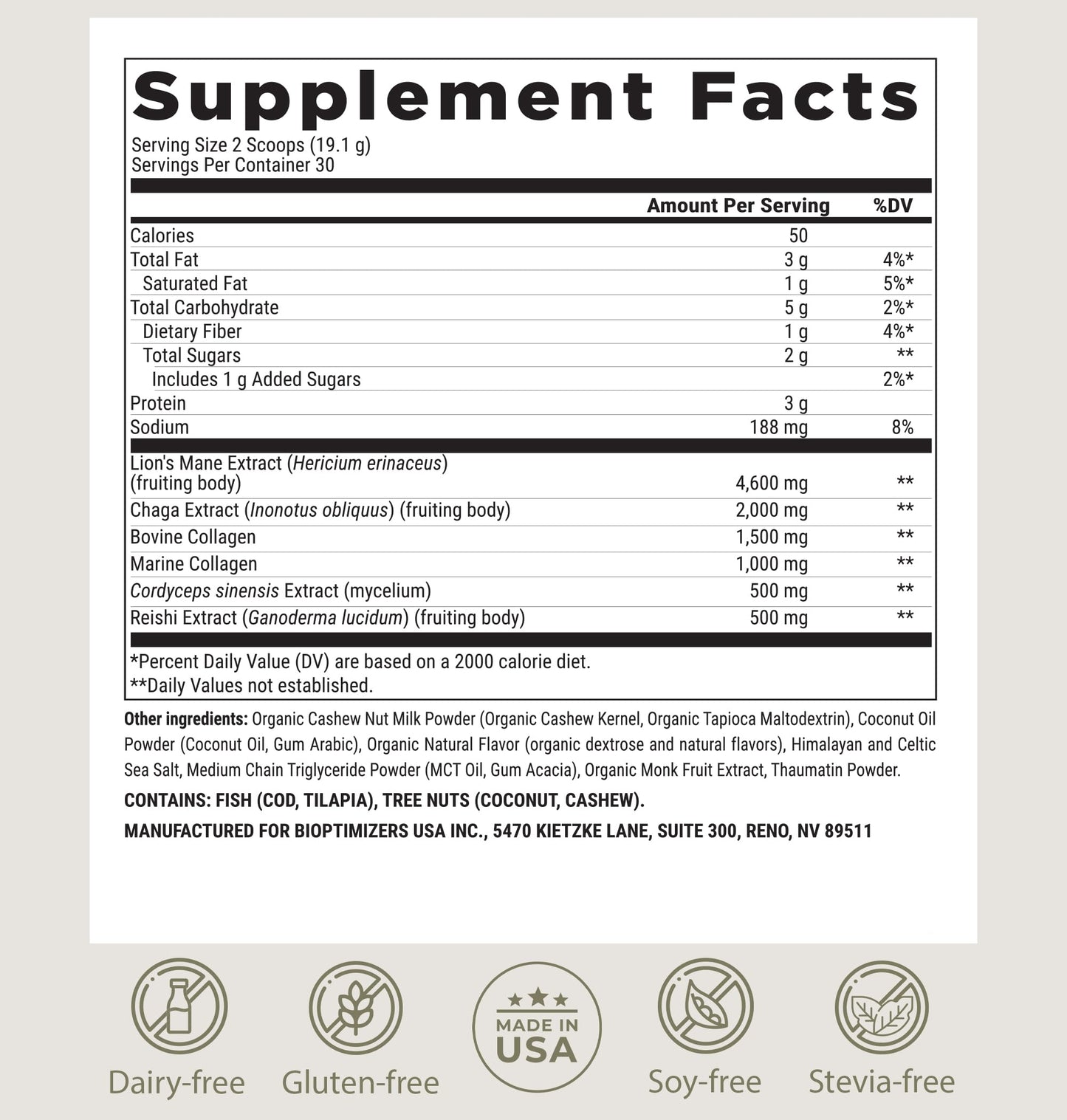 BIOptimizers Mushroom Coffee Alternative – Salted Caramel with Lion’s Mane, Chaga & Reishi + Collagen & MCT – 30 Servings
