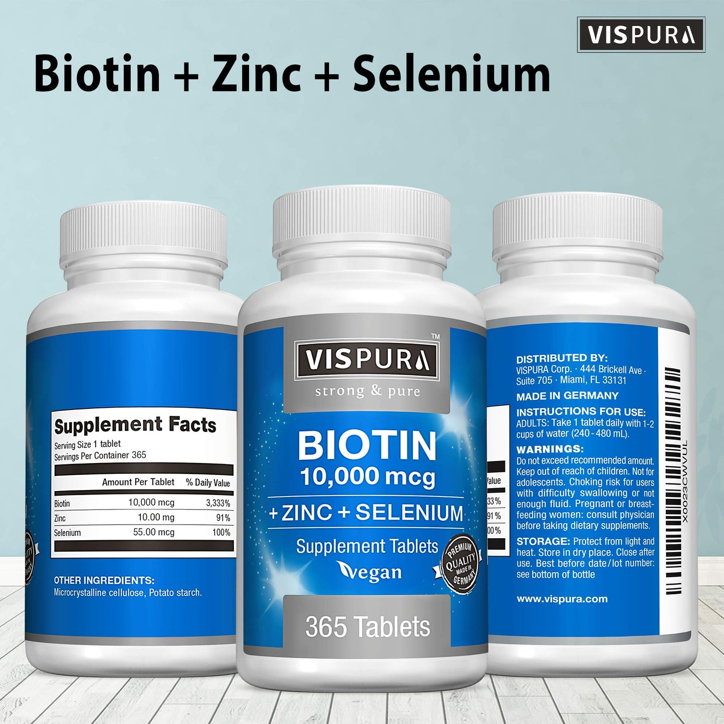 Biotin 10000 mcg + Zinc + Selenium – Vegan Hair, Skin & Nails Supplement | 365 Tablets