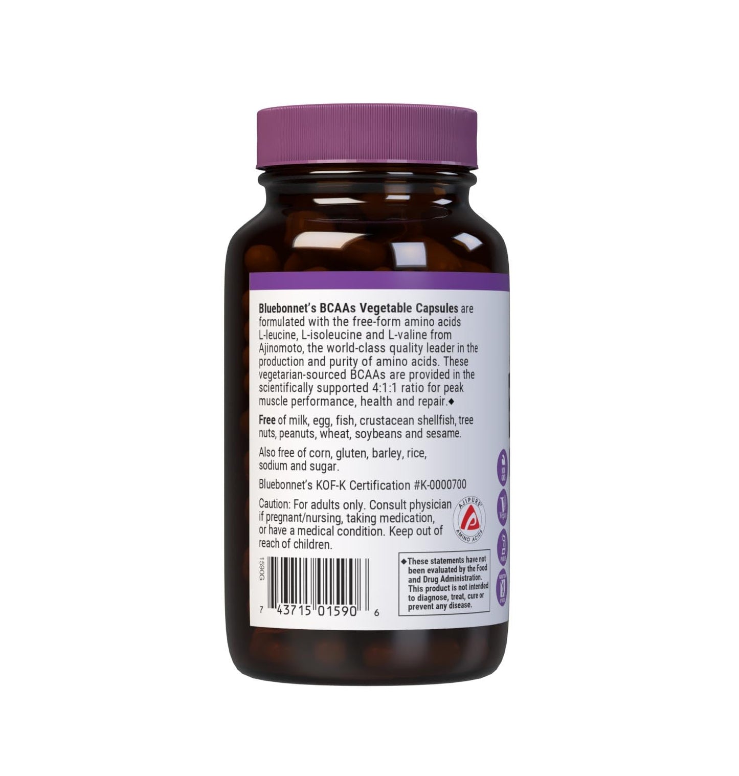 Bluebonnet BCAAs 4:1:1 Ratio - Vegan, Non-GMO, Kosher - 120 Veg Capsules | 30 Servings