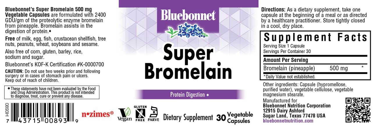 BlueBonnet Super Bromelain Capsules 500 mg Pineapple - 30 Count (Pack of 2)