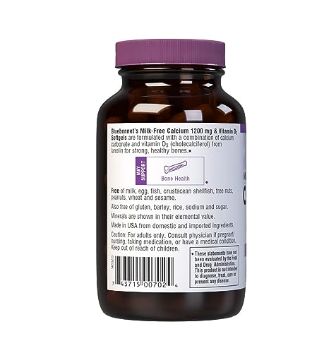 Bluebonnet Milk-Free Calcium 1200 mg + Vitamin D3 400 IU Softgels, Gluten-Free & Dairy-Free, 60 Softgels