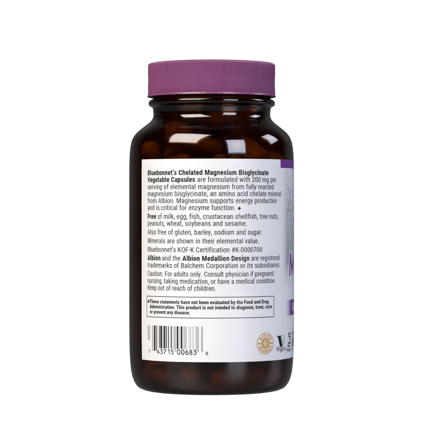 Bluebonnet Nutrition Albion Chelated Magnesium 200 mg – 120 Veggie Caps, Vegan, Kosher