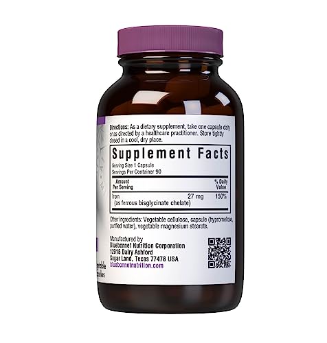 Bluebonnet Albion Extra-Strength Chelated Iron 27 mg – 90 Veg Capsules | Soy-Free, Gluten-Free, Non-GMO, Kosher, Dairy-Free, Vegan