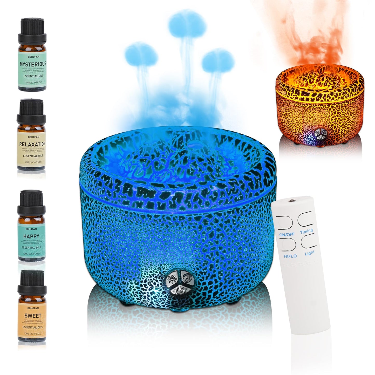 BOHOFAM 500ML Essential Oil Diffuser – Volcano & Flame Humidifier (Gray Crack)