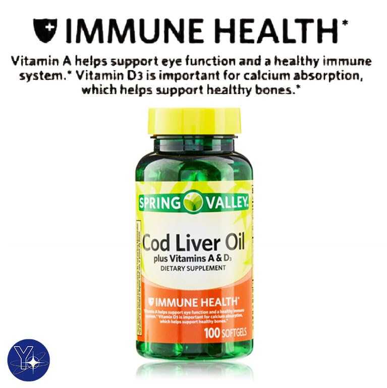 Cod Liver Oil with Vitamins A & D3 Immunity Softgels – Spring Valley 100 Count + YOLOMOLO Bookmark Gift