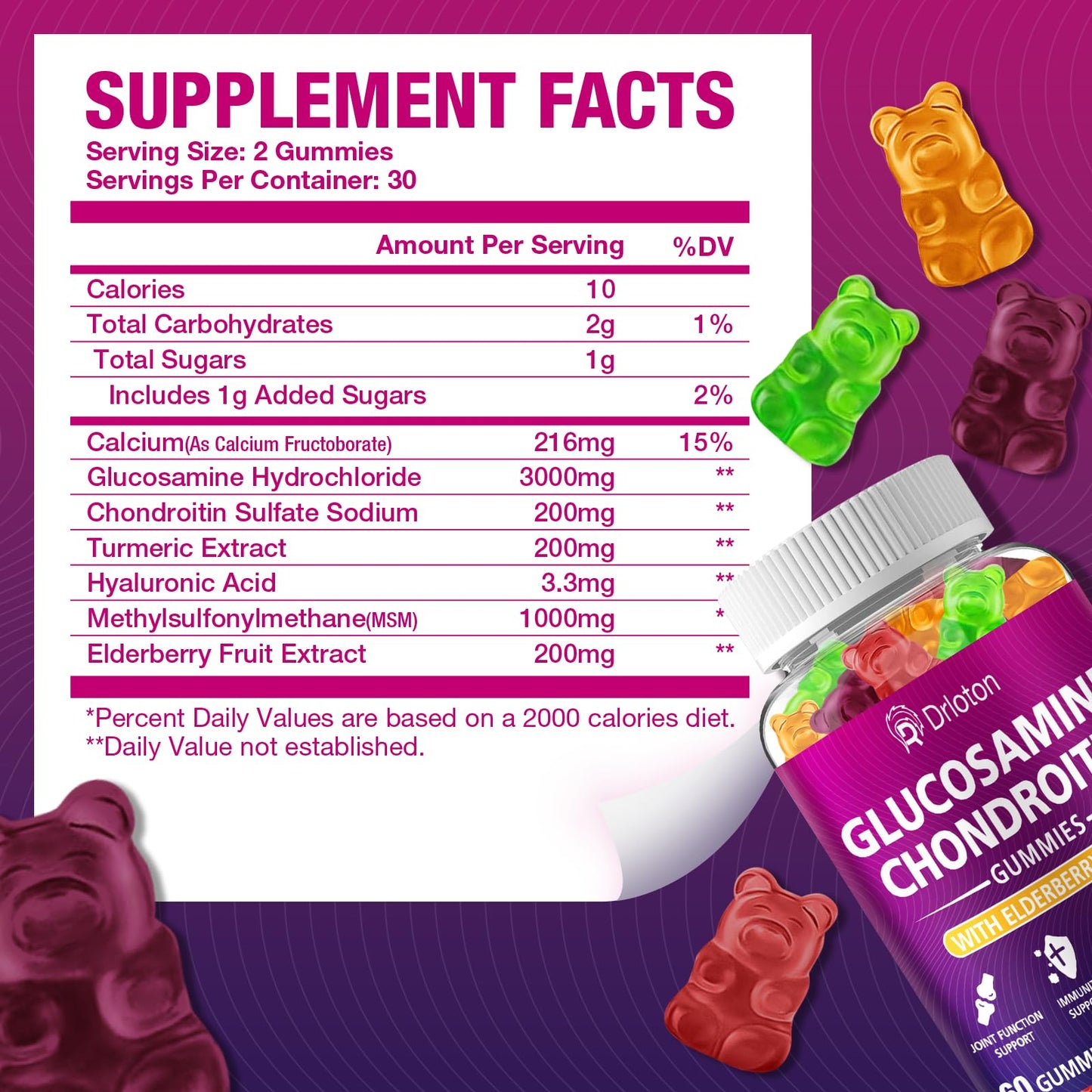 2-Pack 3000mg Glucosamine Chondroitin Gummies with MSM & Elderberry | Joint Health & Flexibility – 120 Gummies