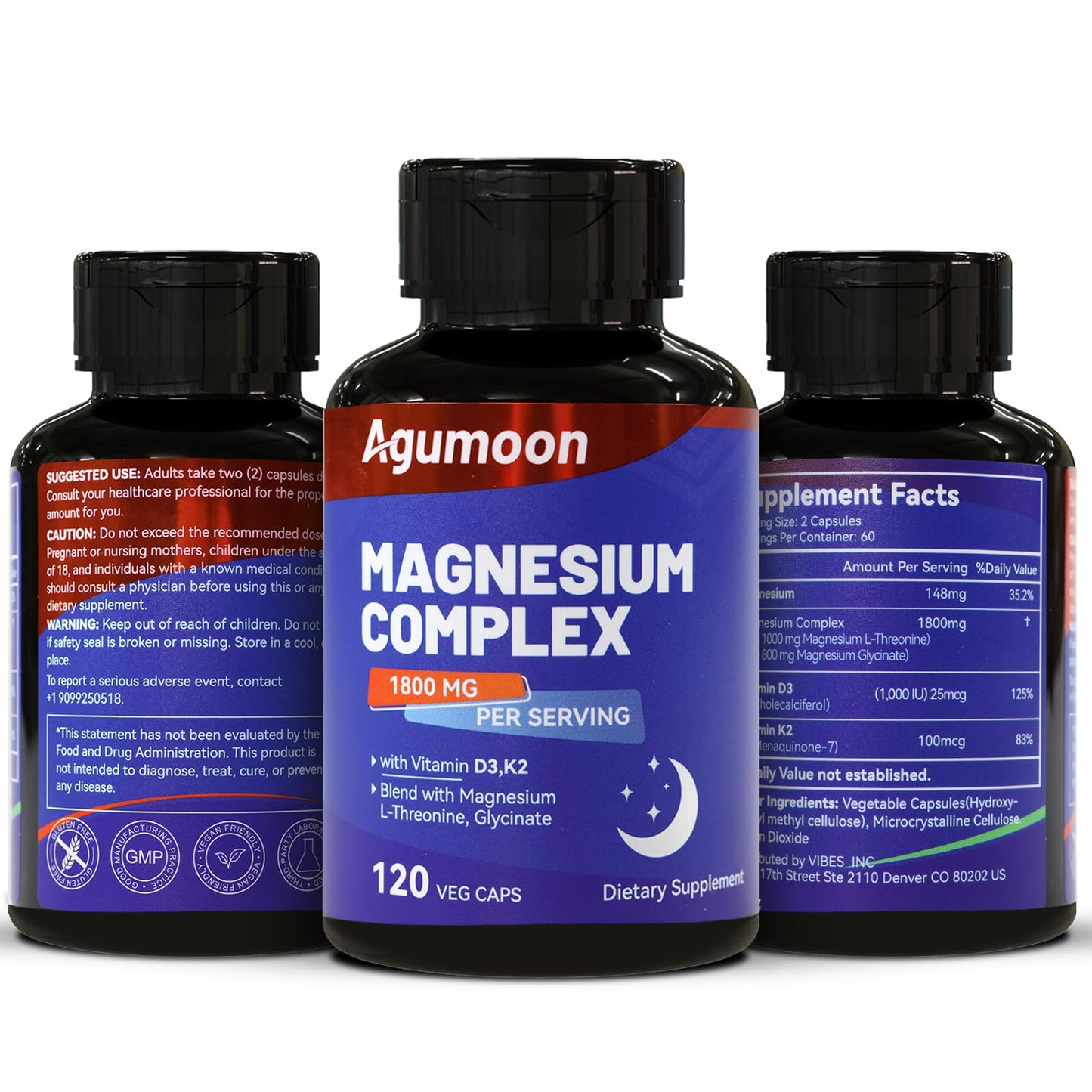 Magnesium Chelated Complex 1800mg with Vitamin D3 & K2 – L-Threonine & Glycinate, 120 Capsules