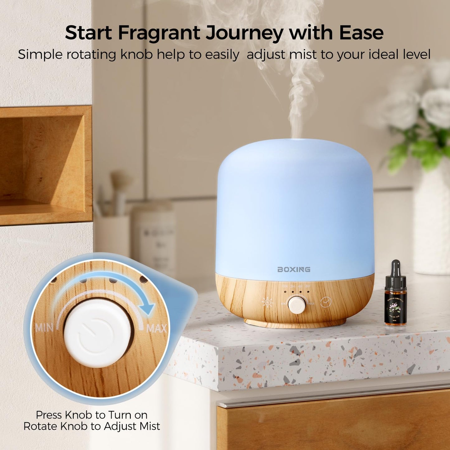 BOXING 300ML Essential Oil Diffuser | White & Wood Finish | 7-Color Night Light | Stepless Knob, Timer