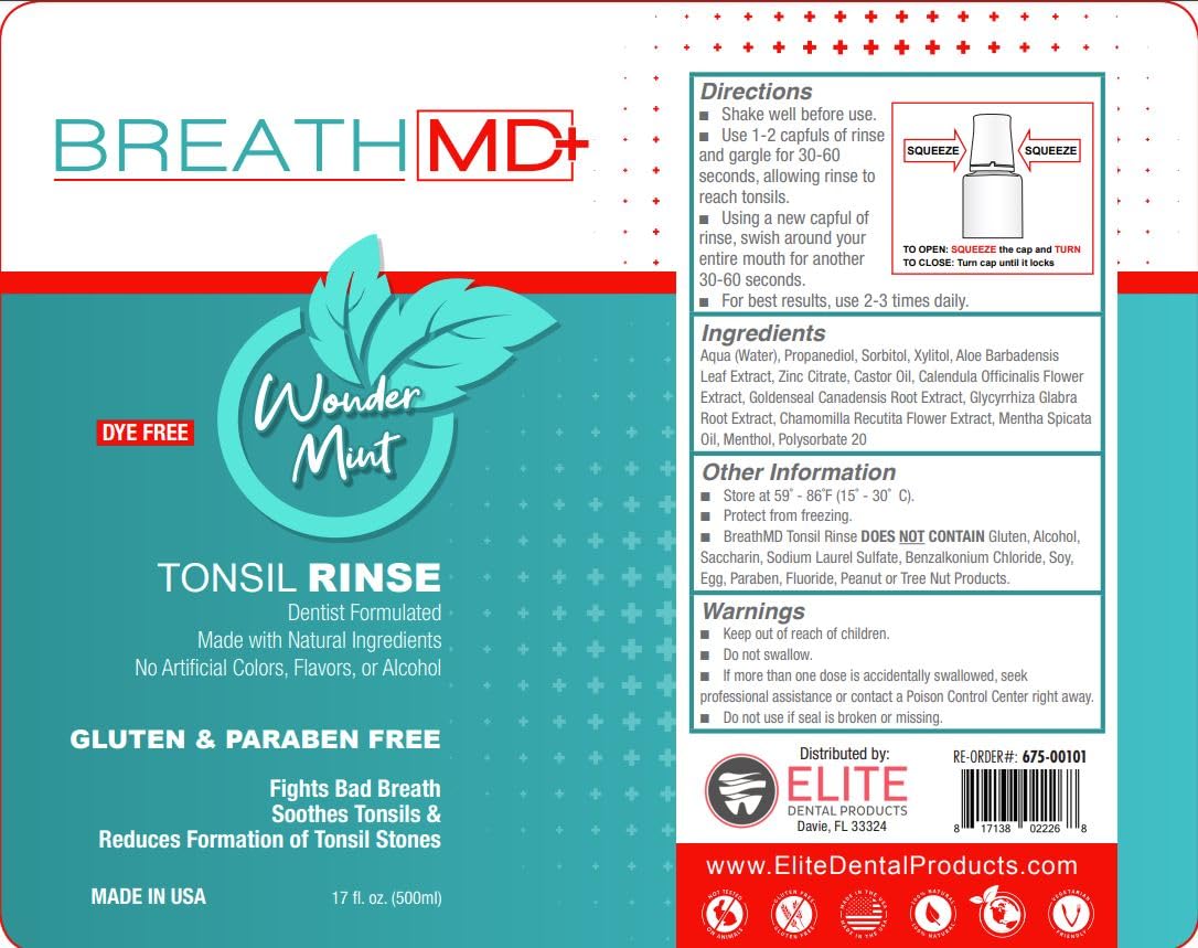BreathMD Tonsil Rinse - Natural Tonsil Stone Remover Mouthwash - Dentist Formulated - Alcohol Free, Dye Free, Gluten Free - Wonder Mint - Made in USA
