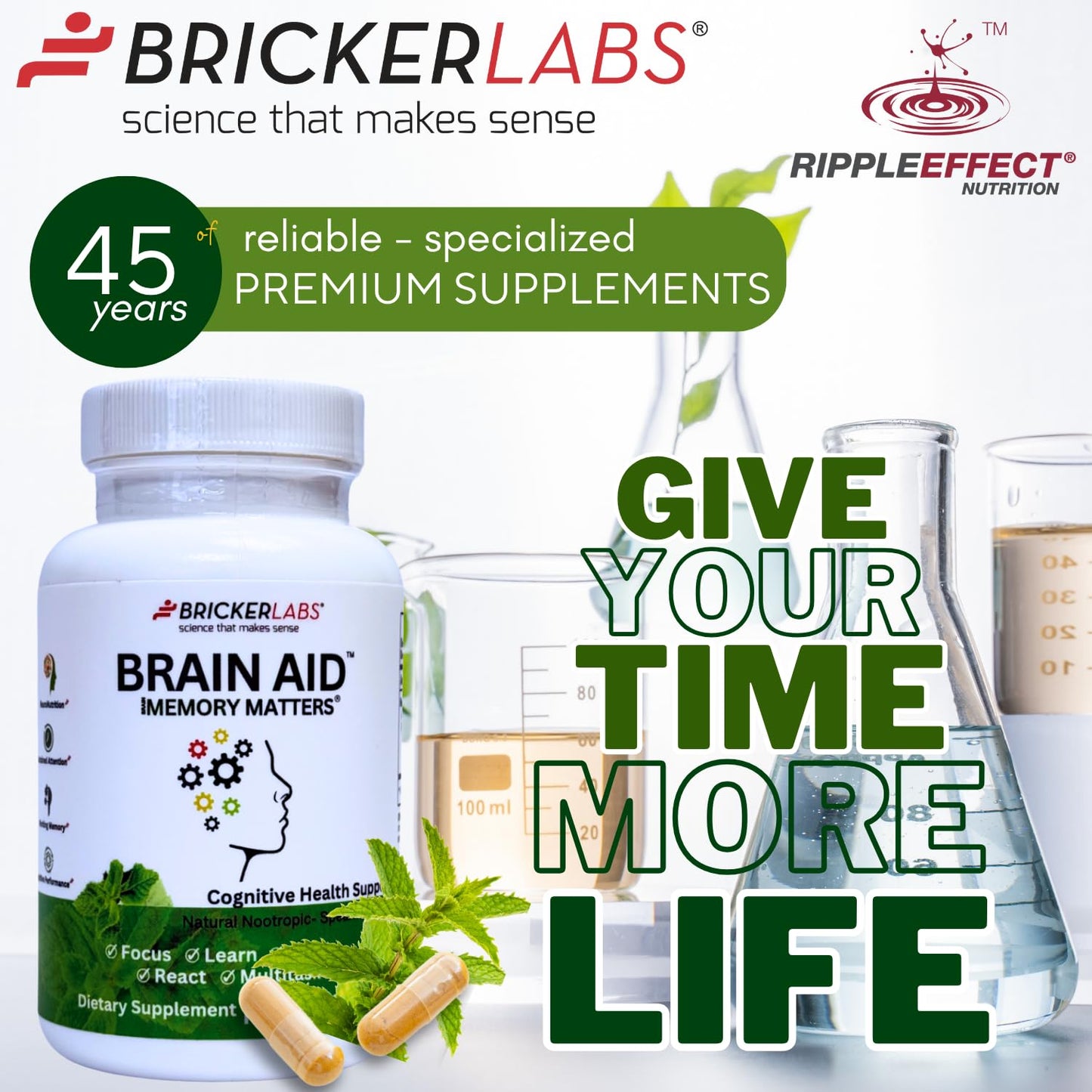 Bricker Labs Brain Aid Memory Matters – Nootropic Brain Supplement with Neumentix Spearmint Extract, 90 Capsules