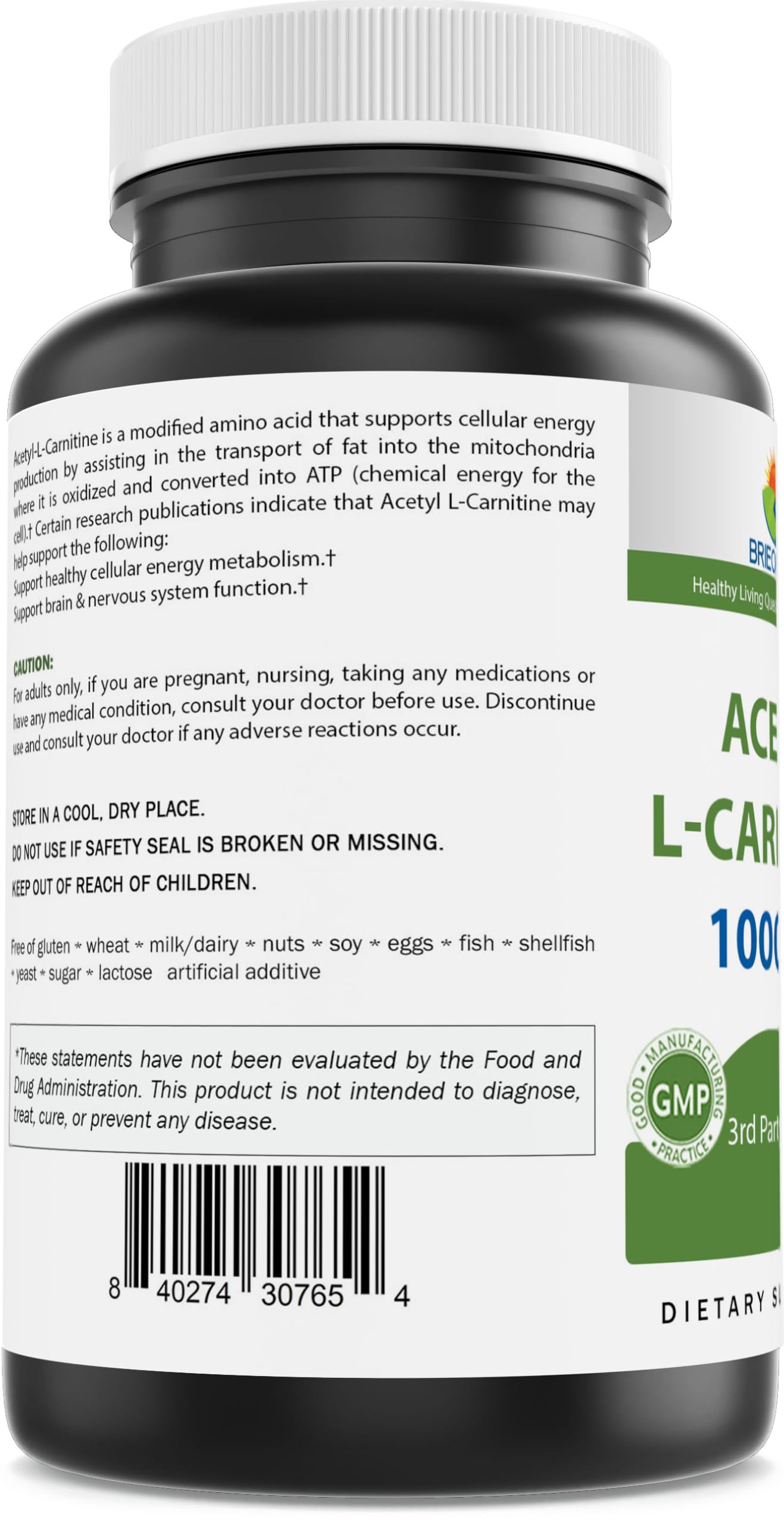 Brieofood Acetyl L-Carnitine 1000 mg – 240 Capsules | Gluten-Free & Non-GMO