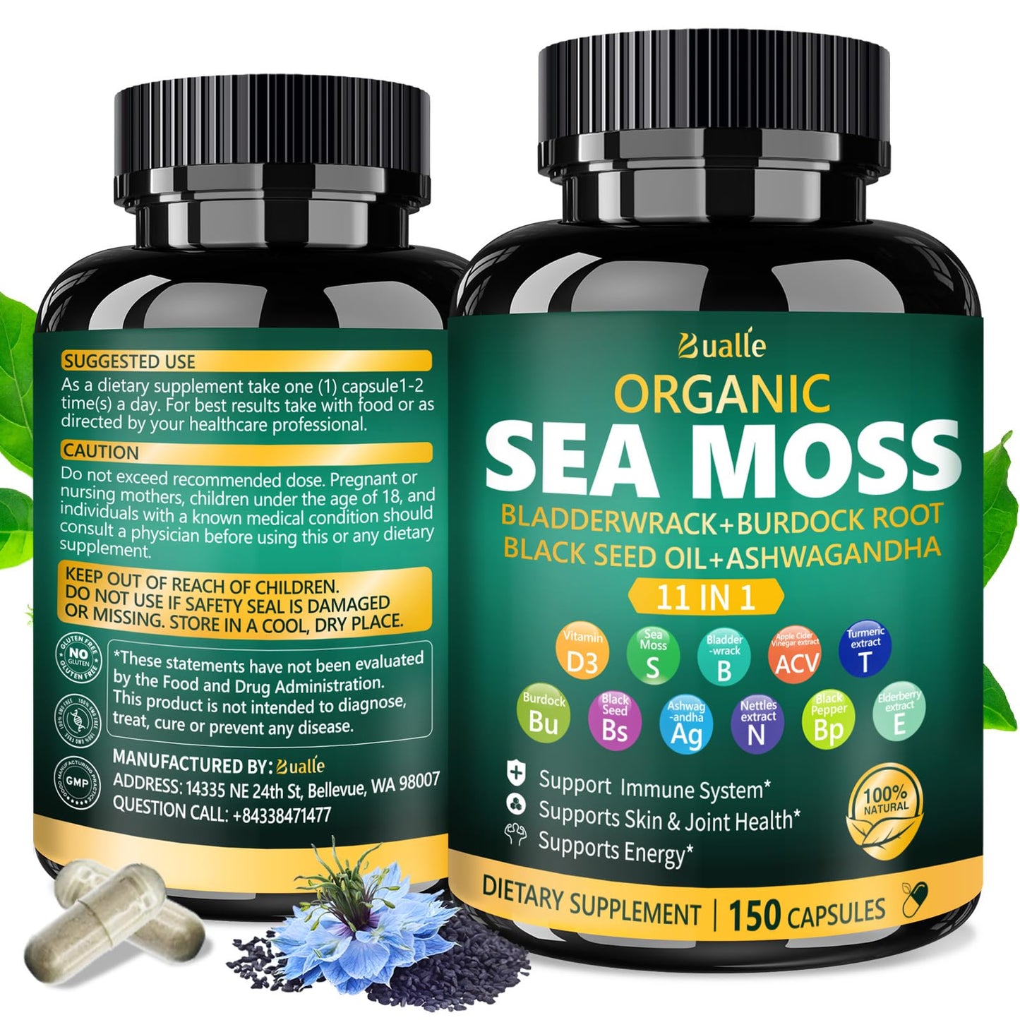 Bualle Irish Sea Moss Capsules – Organic Sea Moss & Black Seed Oil – 150 Capsules