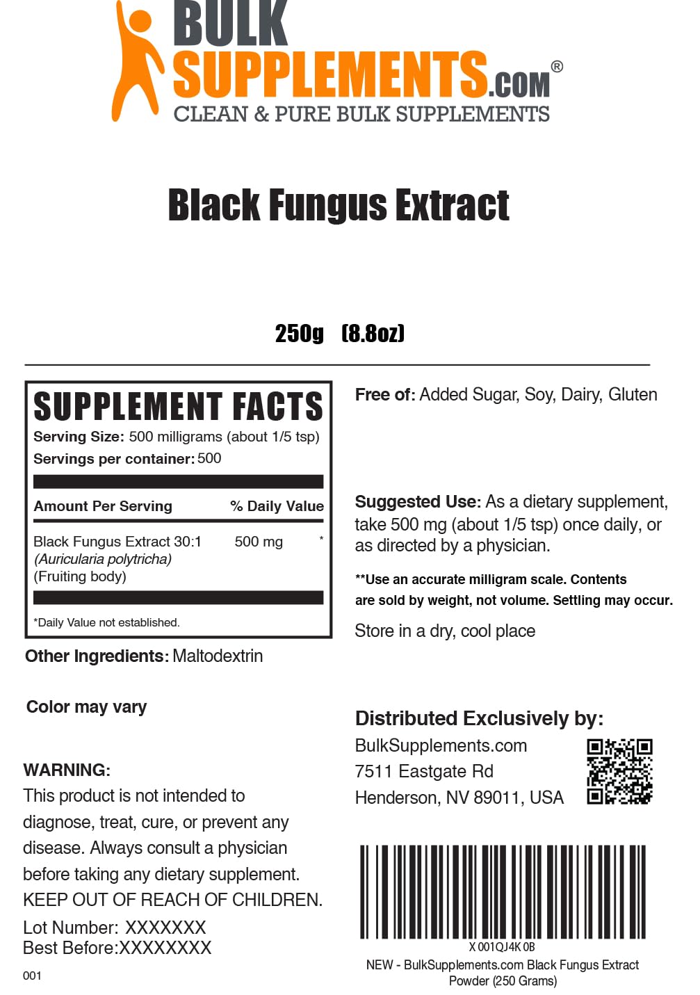 Black Fungus Mushroom Extract Powder (Wood Ear) – 500 mg, 250 g | Vegan & Gluten-Free | BulkSupplements.com