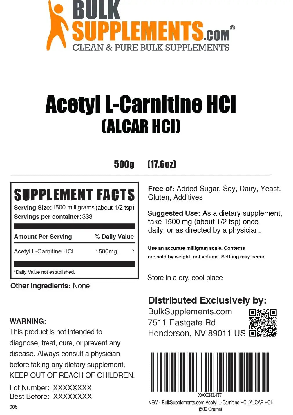 BulkSupplements Acetyl L-Carnitine Powder (ALCAR HCl) – 1.5 g Serving, 500 g, Gluten Free BritishVita | Premium UK Vitamins & Wellness Supplements