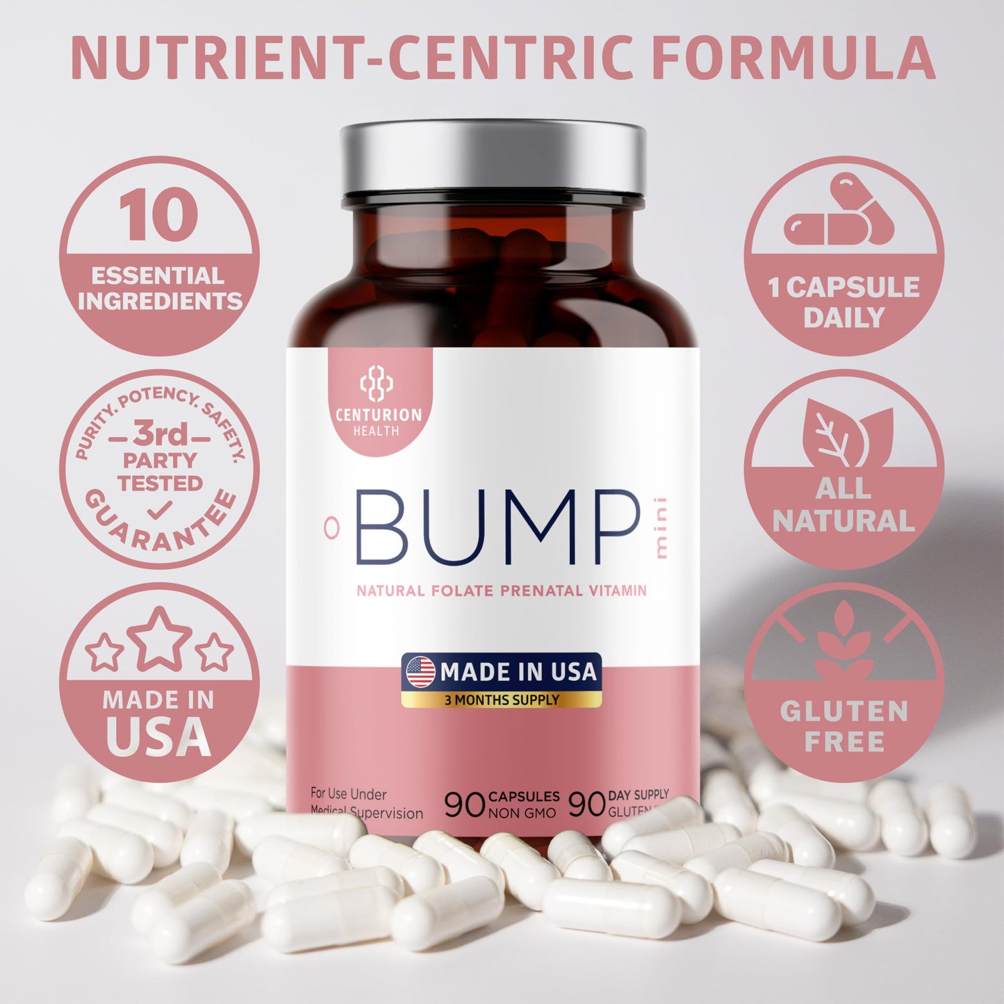 Centurion Labs Bump Mini Prenatal Vitamins - 90 Caps | Pregnancy Support