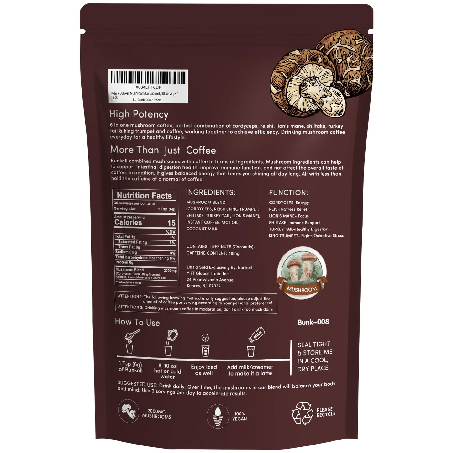 Bunkell Mushroom Coffee | Adaptogenic 6-Mushroom Blend for Energy & Immunity