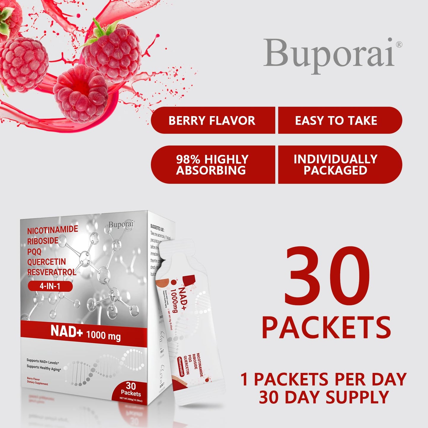 Buporai NAD Supplement 1000 mg Liquid Packets – NAD+ NR with Resveratrol, PQQ & Quercetin