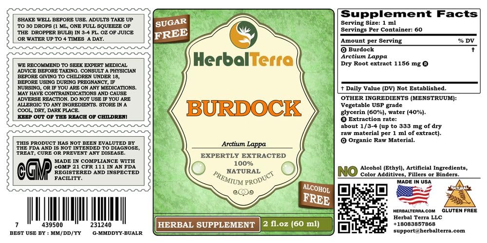 Herbal Terra Burdock Glycerite 2 oz - Organic Dried Root, Alcohol-Free