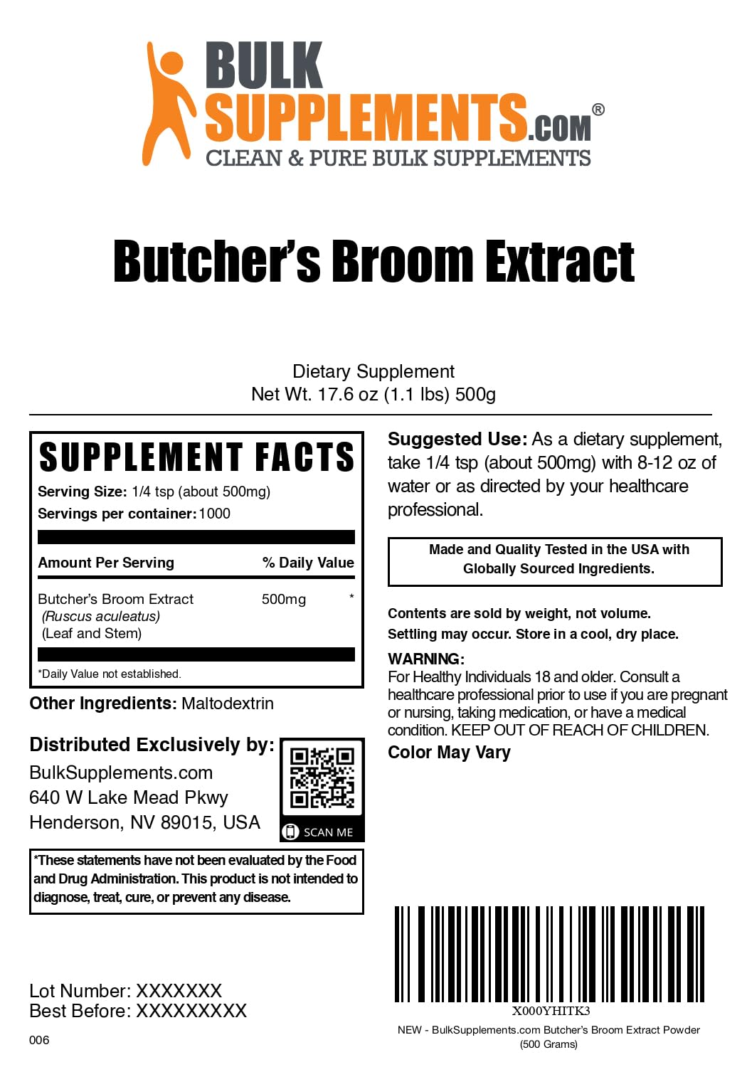 BulkSupplements.com Butcher's Broom Extract Powder – 500 mg/Serving, 500 g (Vegan & Gluten Free)