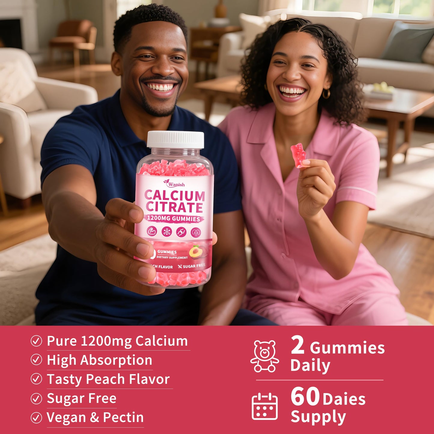 2 Pack 1200 mg Calcium Citrate Gummies – Sugar Free, Vegan, Peach