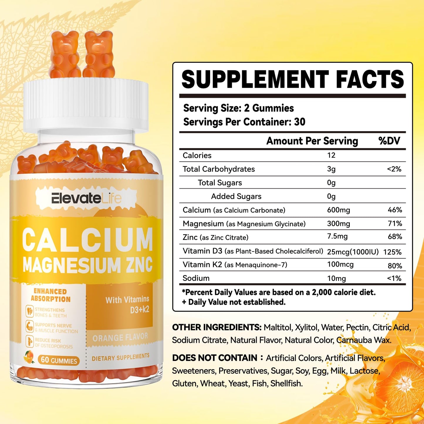 Calcium Magnesium Zinc Gummies with Vitamin D3 & K2 - High Potency, Orange-60 Count