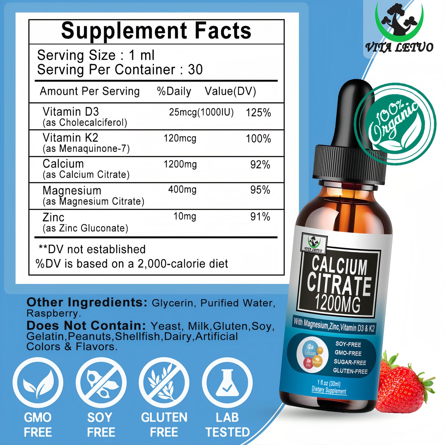 2 Pack Liquid Calcium Drops 1200 mg with Vitamin D3 – Vegan, High Absorption