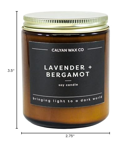 Calyan Wax Co. Lavender & Bergamot Candle – 57 Hour Burn, Non-Toxic Soy, Amber Jar 7.2oz