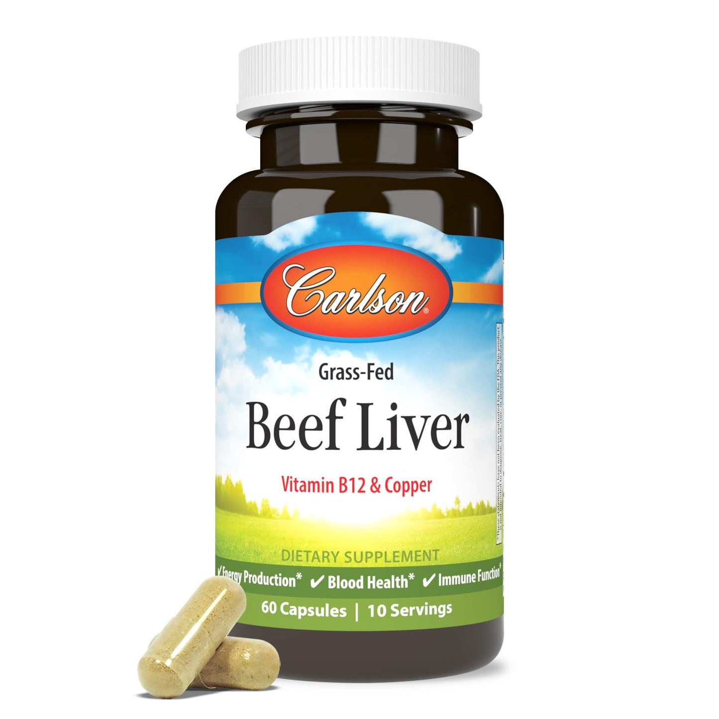 Carlson Grass-Fed Beef Liver - 60 Capsules | Iron & Copper for Energy & Blood Health