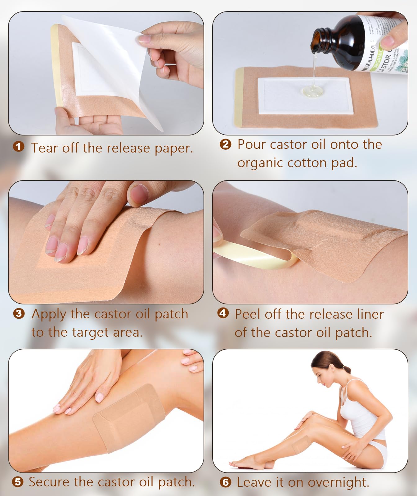Castor Oil Patches Disposable 40 Pcs – Organic Castor Oil Pack Wrap with 8oz Amber Glass Bottle Included for Liver, Stomach, Neck