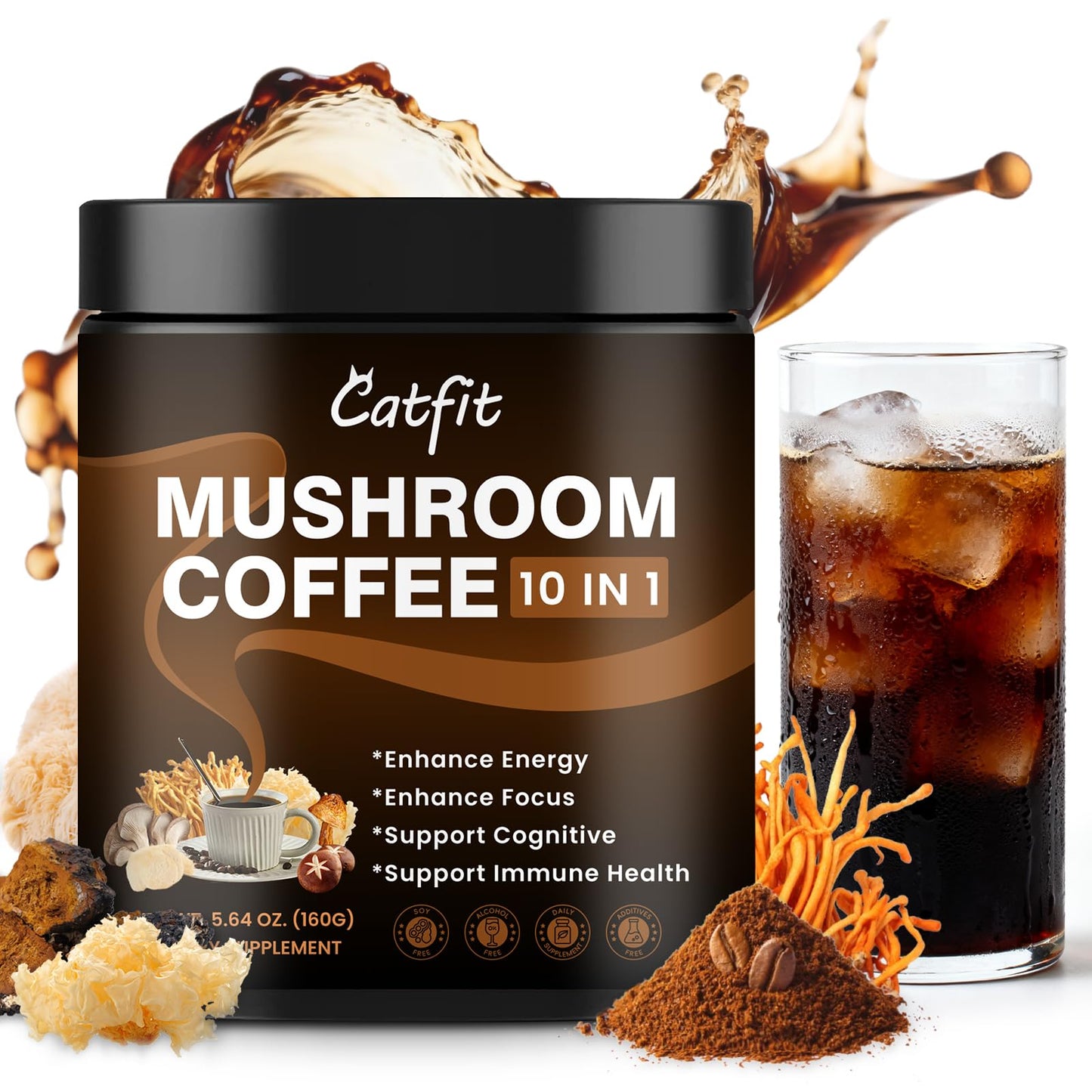 Catfit Mushroom Coffee Powder – 10-Mushroom Blend with Lion’s Mane, Chaga, Cordyceps, L-Theanine | 50 Servings
