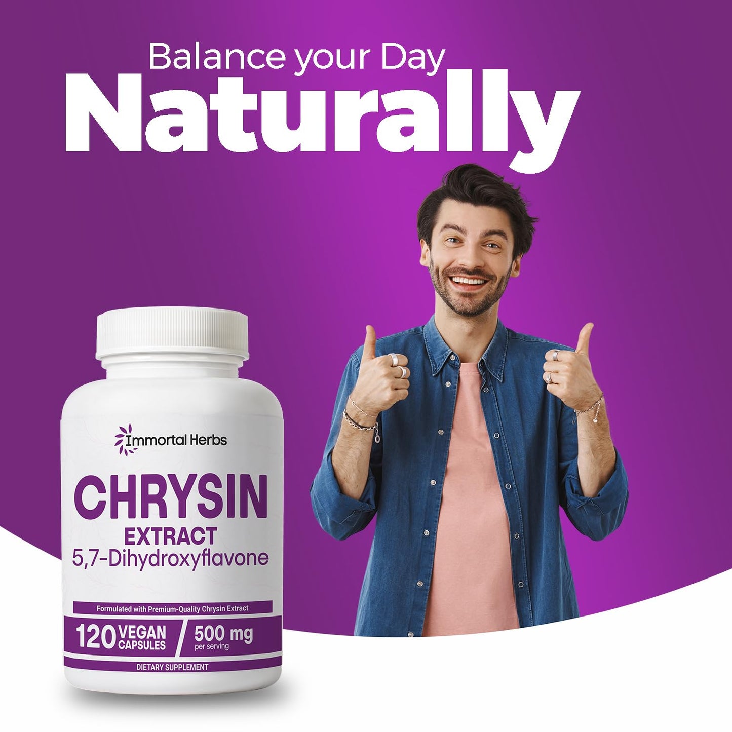 Immortal Herbs Chrysin 500mg – 120 Vegan Capsules | Non-GMO & Gluten-Free