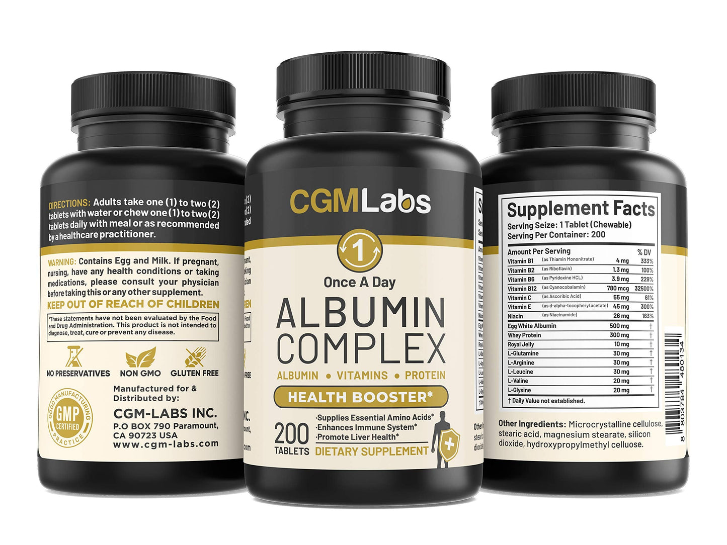 CGMLABS Once A Day Albumin Complex - Egg White Albumin, Whey, Royal Jelly | 200 Tablets