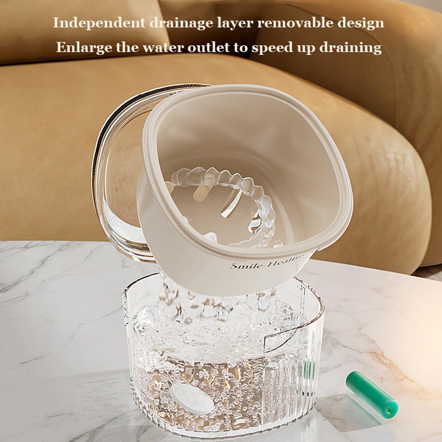 CINMAUNG Denture Case & Cleaner Cup – Travel Soak Container with Strainer Basket (White)