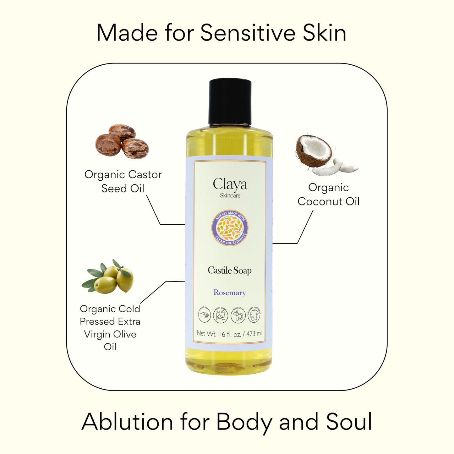 Claya Liquid Castile Soap – Organic, Biodegradable, Gentle for Sensitive Skin (16 fl oz, Laurel Berry)